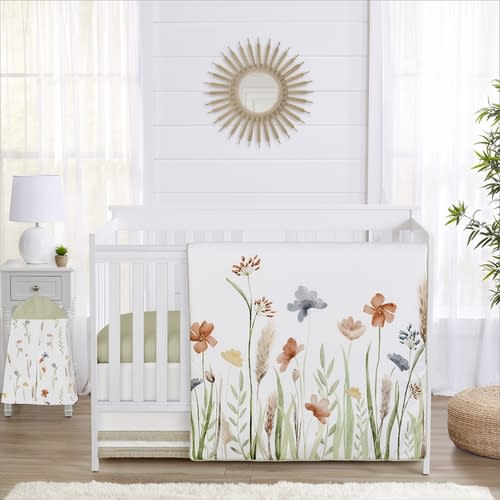 Watercolor Floral Garden Sage Green Collection 4 Piece Crib Bedding