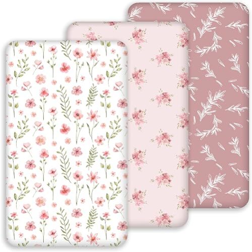 Bassinet Sheets 33x20 for Baby Delight, Newton,Airclub,Maxi Cosi,Angelbliss,Dream on Me,Mika,Harppa,Amke,ezebaby Rectangle Bassinet Mattress - Pink Floral 3 Pack Girl