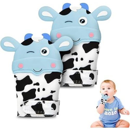2Pack Silicone Teething Mitt, Cow Baby Teething Toy for 0-6 6-12 Months, Food Grade Silicone Infant Teething Mitten, BPA-Free Baby Chew Toys for Pain Relief, Sucking Needs