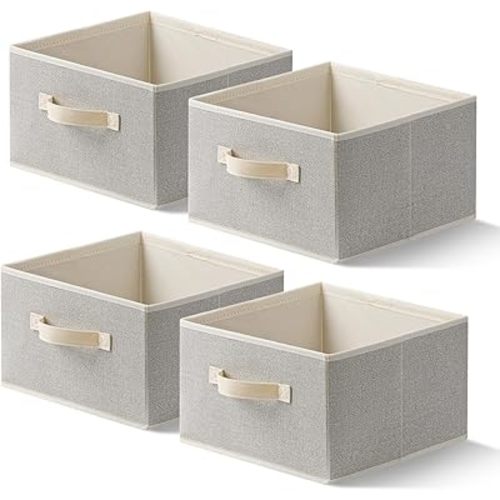 Storage Baskets, 11-Inch Woven Fabric Bins, Storage Cubes with Reinforced Handles, Organizer Bins for Closet Shelves, Foldable, for Toys, Clothes, Natural Beige (4PCS/Beige-11*11*7.8inch)