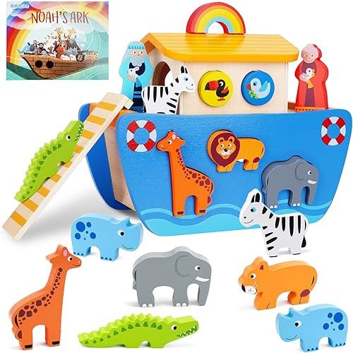 KMTJT Toddlers Wooden Noah's Ark Toy Animal Playset, Baptism Gifts for 1 2 3 Boys Girls, Shape Sorter Early Learning Montessori Toys with Bible Story Book for 12 18 24 Months Babies