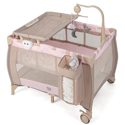 Costzon 3 in 1 Pink Pack and Play with Bassinet, Portable Baby Playard with Changing Table, Music Box, Hangings, Wheels/Brake, Basket, Foldable Infant Pink Bassinet Crib for Baby Girl Toddlers