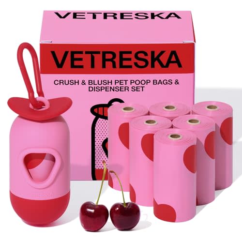 VETRESKA Dog Poop Bag Dispenser with Smoked Cherry Scented Poop Bags, Leak Proof and Extra Thick Pet Waste Bags, 1 Poop Bag Holder and 105 Bags for Dog Walking and Cats Litter