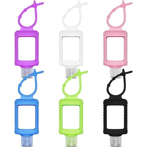 6Pcs Travel Size Empty Hand Sanitizer Holder with Silicone Keychain, 2 oz Leak Proof Refillable Plastic Bottles Portable Travel Containers with Detachable Silicone Case