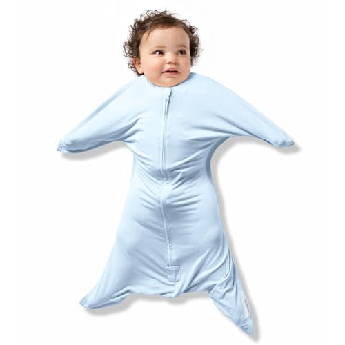 SleepingBaby Bamboo Zipadee-Zip Transition Swaddle - EverSoft Starfish Design Breathable Wearable Blanket with Two-Way Zipper, Small (4-8 months), Sky Blue