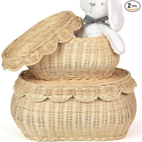 2pcs Hand Woven Rattan Scallopped Baskets with Lid, Small Rattan Basket, Decorative Wicker Storage Baskets, Storage Basket for Living Room, Bathroom, Bedroom, Food, Bread, Picnic
