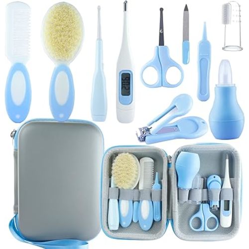 Baby Grooming Kit, Baby Essentials for Newborns, Portable Baby Care Kit, Contains Baby Nail Clippers, Baby Comb, Baby Brush, Baby Ear Wax Removal Tool and More (10 in 1) (Blue)