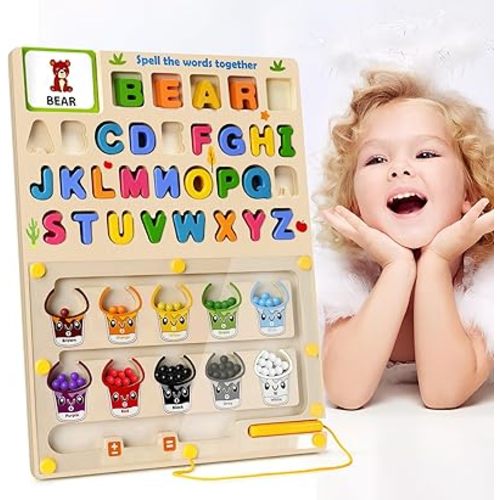 Magnetic Color and Number Maze: 5-in-1 Montessori Toys for Toddlers 3 4 5 Years Old, Wooden Alphabet Maze Letter Puzzle Fine Motor Skills Sensory Toys, Christmas & Birthday Gift for Kids
