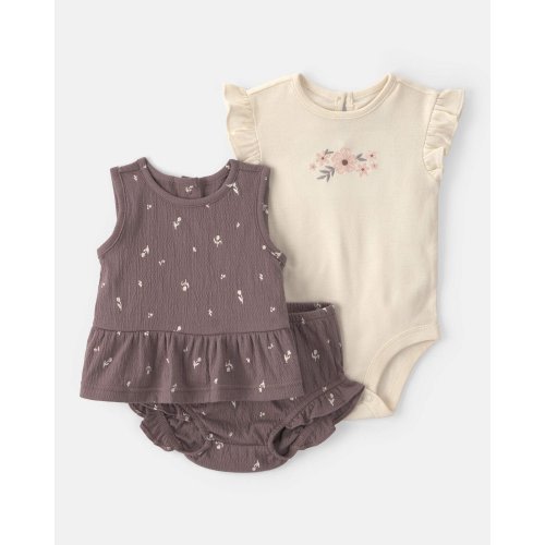 Baby Girl 3-Piece Floral Top, Bodysuit & Short Set - Brown/Ivory | Carter's