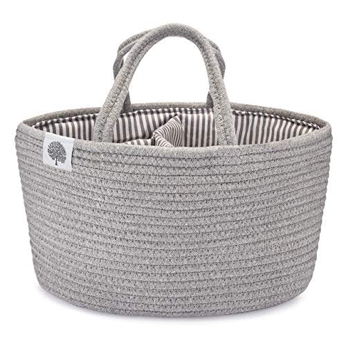 Parker Baby Co. Soft Rope Diaper Caddy Organizer for Nursery & Car - Gray | Portable woven storage bin keeps diapers, wipes, bottles and changing supplies tidy at home or on the go. 13x7x9"