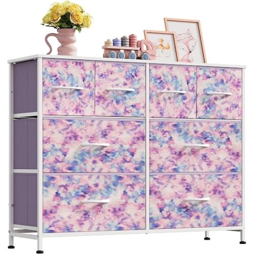 WLIVE Dresser for Bedroom with 8 Drawers, Wide Fabric Dresser for Storage and Organization, Bedroom Dressers, Chest of Drawers for Living Room, Closet, Hallway, Tie-dye Print (Pink, Purple, Blue)