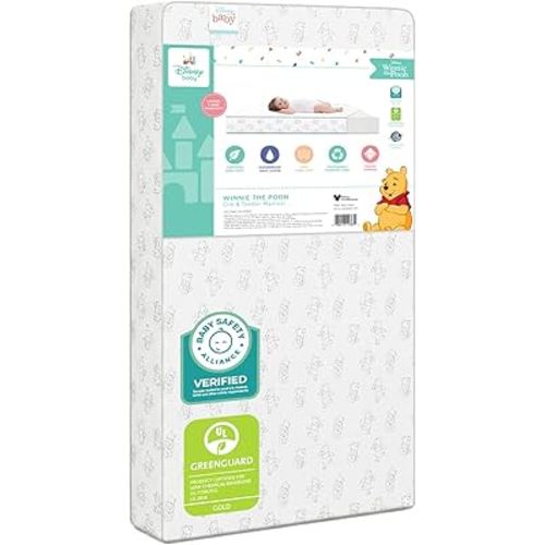 Delta Children - Disney Winnie the Pooh Crib & Toddler Mattress - Dual-Sided - Waterproof - GREENGUARD Gold Certified - Non-Toxic - Lightweight - Made in USA - Sustainable Fiber Core - 52"L x 27.5"W