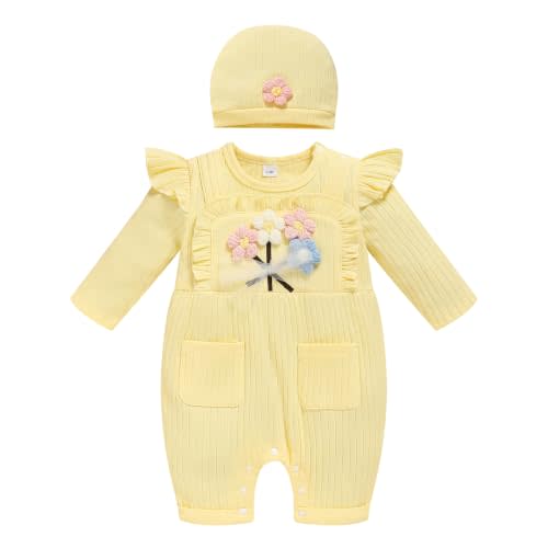 GRNSHTS Baby Girl Romper Ruffle Floral Jumpsuit with Hat 0-18M | Newborn Girl Outfit Fake Two Pieces 3D Floral Infant Long Sleeve Ruffle Romper Matching Hat, Comfortable Fall Winter.