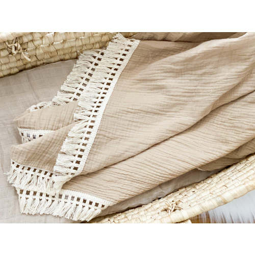 Fringe Muslin Swaddle Blanket - Tan - Harp Angel Boutique