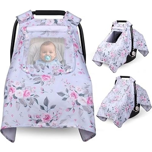 Car Seat Cover Baby, Carseat Covers Baby with 2 Layers Breathable Windows, Windproof Infant Car Seat Cover, Kick-Proof Baby Carrier Cover for Baby Girl Newborn Essentials