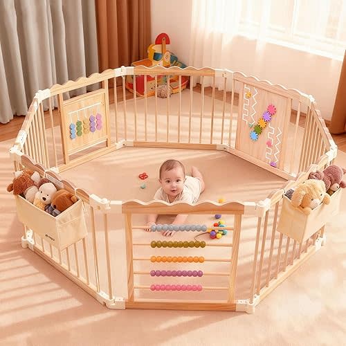 Baby Playpen, 57 x 57 x 25 in, Adjustable Size & Shape Wooden Baby Playpen with 2-Pack Storage Bags, Nature Pine Wood Foldable Play Yard for Infant, Toddler, Safety Lock Door, Easy to Assemble