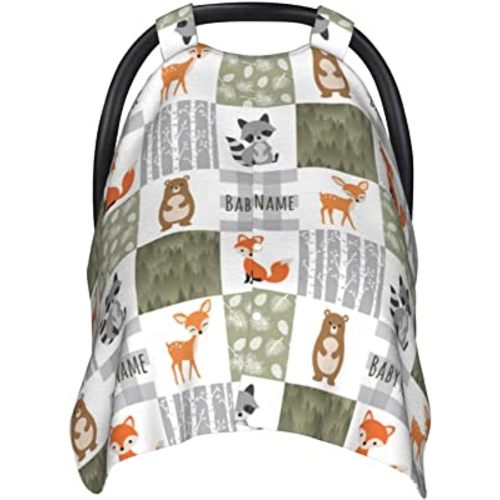 Personalized Woodland Animals Baby Car Seat Canopy for Babies with Name, Custom Car Seat Covers Boys Girls, Peekaboo Opening Minky Nursing Breastfeeding Cover Infant Car Seat Canopies for Newborn