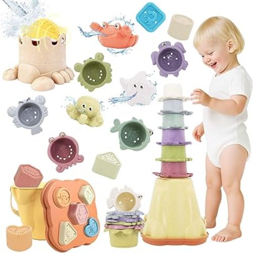Stacking Toy for Kids 1-3, 4 in 1 Montessori Sensory Toys for Toddler Girl Boy, Infant Toy with Stacking Cups Shape Sorter, Fine Motor Educational Learning Toys Bath Toy Birthday Gift