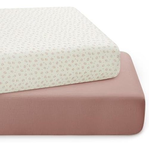 Horbaunal 2 Pack Muslin Crib Sheets for Baby, 52" x 28", Pink & Floral