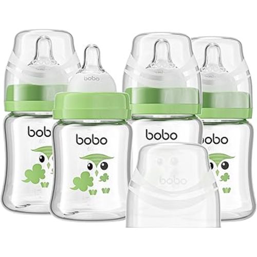 YOHKOH Glass Baby Bottles with Slow Flow Nipple, Newborn Anti-Colic Baby Bottles for 0+ Months, Wide Neck Feeding Bottle, Clear, Green, 5oz (Pack of 4)