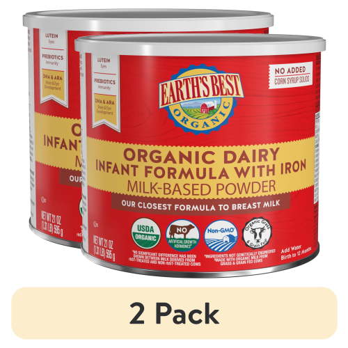 (2 pack) Earth's Best Organic Dairy Powder Baby Formula with Iron DHA & ARA, 21 oz Canister