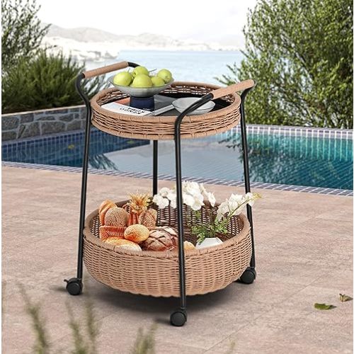 Outdoor Bar Cart, 2 Tier Rolling Patio Cart, Utility Rattan Storage Cart with 4 Wheels, Metal Frame and Table Top, for Garden Swimming Pool Living Room Club, Round