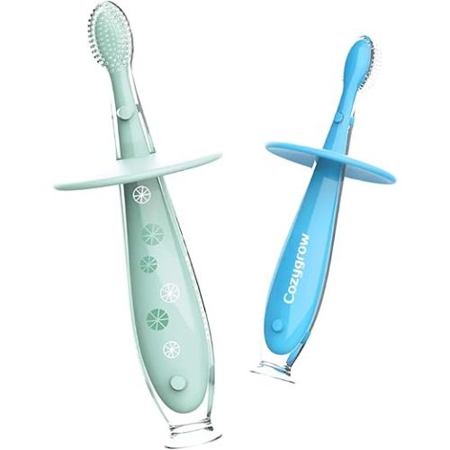 Baby Toothbrush with Suction Base - Gentle Cleaning for Toddler's Self-Brushing Training, Food-Grade Silicone, Extra Soft Bristles, BPA/Phthalate Free, Anti-Chocking/Anti-Fall Design - 2 Pack