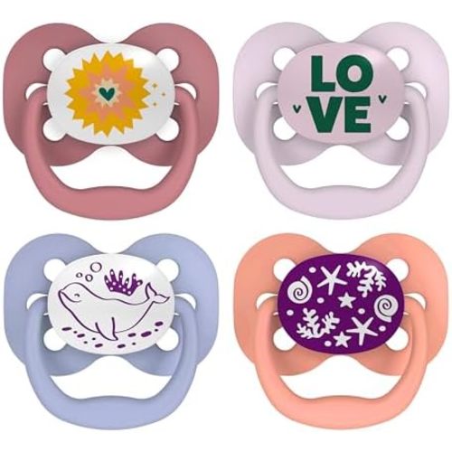 Dr. Brown's Advantage Glow-in-the-Dark Baby Pacifier, Fully Symmetrical Soother with Soft Silicone Bulb, Lavender Love-Coral Ocean, 0-6m, BPA Free, 4 Pack