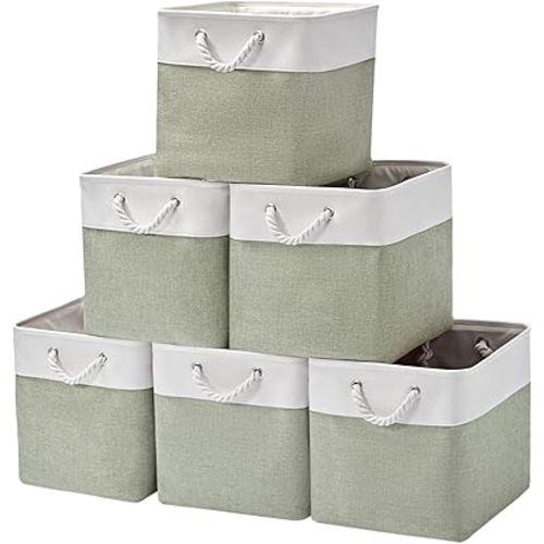 13 x 13 Inch Extra Large Storage Cubes,6 Pack Cube Storage Bins for Shelves，Fabric Collapsible Storage Bins with Handles, Foldable Storage Basket for Organizing Clothes, Toys (White&Green)