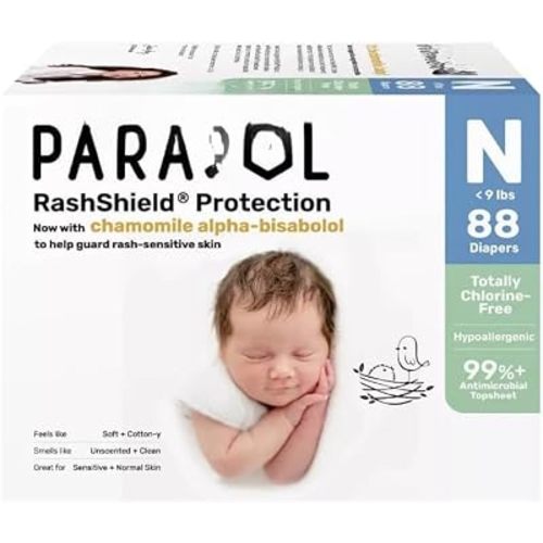 P'arasol Chlorine‑Free Newborn Baby Diapers with Rash Protection, Hypoallergenic, Wetness Indicator, Tear‑Away Sides – Size NB, 88 Count