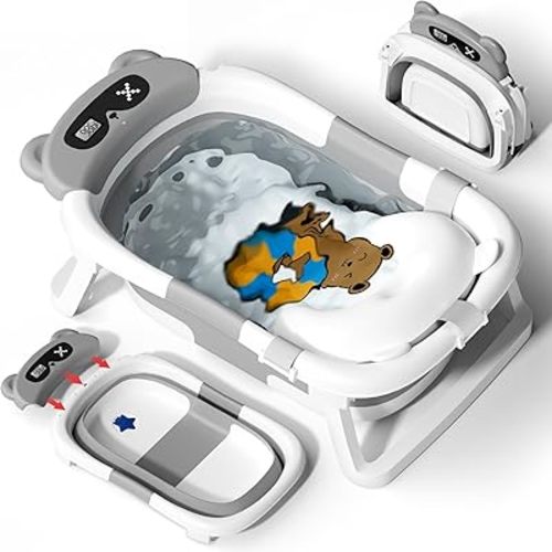 AVIDOR Baby Bathtub,Collapsible Bathtub for Newborn to Toddler,Durable Essential Infant Bath Tub,Portable Travel Baby Tub with Soft Cushion,No-Slip Hanging and Detachable(Grey)