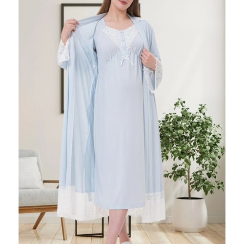 Lace Detailed Maternity-Nursing Nightgown & Robe Set Blue - 6204