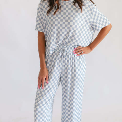Women's T-Shirt and Pants Set in Cornflower Blue Checkered