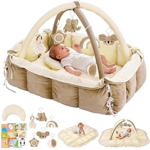 5-in-1 Baby Play Gym and Tummy Time Mat, Tummy Time Pillow & 12 Learning Cards, Plush Activity Mat with 6 Toys, Baby Gym, Convertible to Ball Pit, Cream