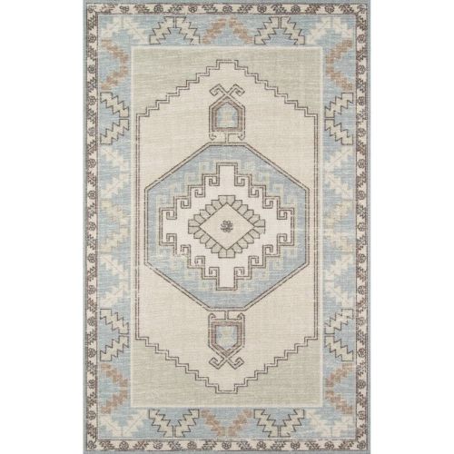 Momeni 6'6"x9' Anatolia Rylee Medallion Machine Loomed Area Rug Light Blue: Classic Pattern, Wool & Nylon, Low Pile