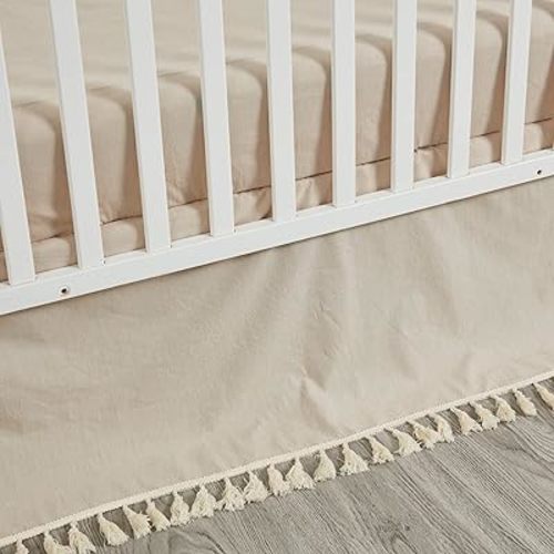 Brandream Crib Bed Skirt for Baby Girls Boys Beige Boho Bohemian Solid Cotton Toddler Bedskirt Farmhouse Chic Ruffle Minimalist Tassel Fringe Macrame