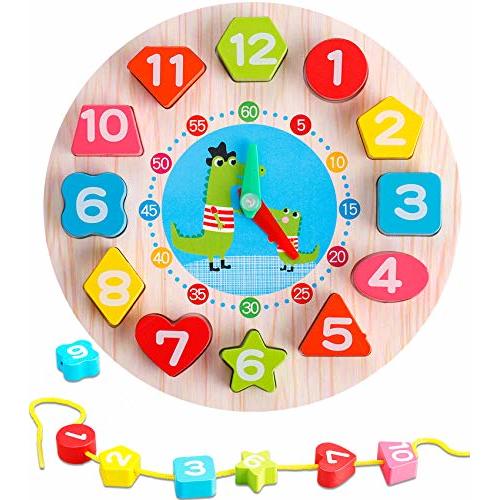 TOHIBEE Wooden Shape Sorting Clock –Teaching Time Number Color Blocks Shape Puzzles Stacking Sorter Jigsaw Montessori Early Learning Educational Toys Gift for 1 2 3 Year Baby Toddler Kids