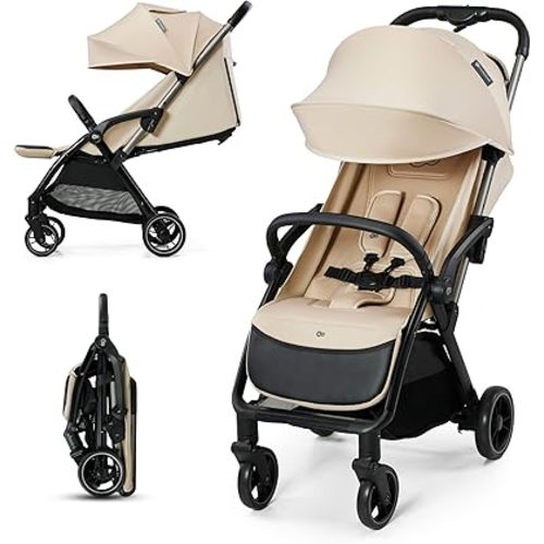 Kinderkraft APINO Lightweight Auto Folding Stroller, Compact Travel Baby Stroller for Newborn to Toddler, Reclining Seat, 5-Point Harness, Beige