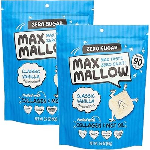 Max Mallow Sugar Free Marshmallows - Keto Friendly, Perfect for S'mores, Hot Chocolate, and Baking with Zero Sugar Snacks, Smores Mct Oil Zero Sugar Marshmellow Marshmallow Classic Vanilla, 2 Pack