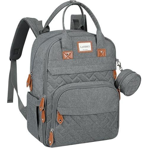 LANDICI Diaper Bag Backpack, Multifunction Baby Diaper Bags with Changing Pad, Stroller Straps & Pacifier Case, Travel Essentials Back Pack for Mom Dad Boy Girl, Large Capacity, Waterproof, Grey