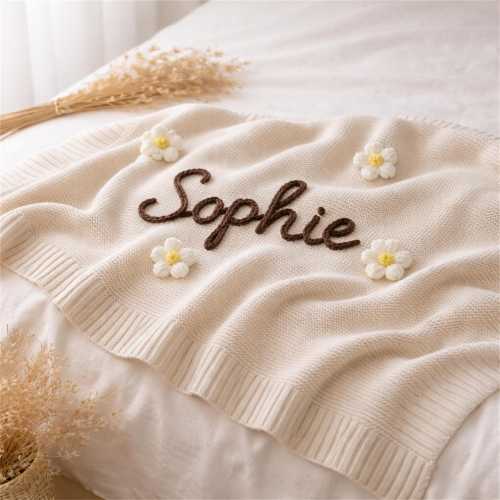 Embroidered Name Baby Blanket, Custom Knit Cotton Newborn Gift