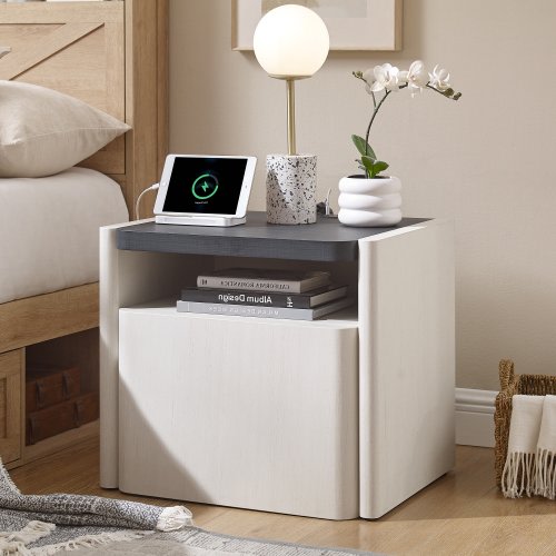 Modern Nightstand with Charging Station, Wood End Table for Bedroom