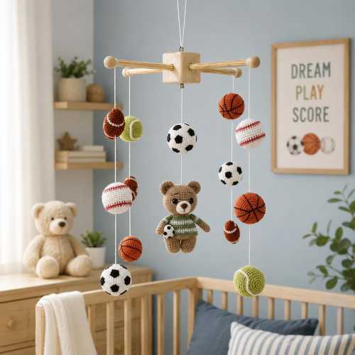 Crochet Sports Baby Mobile with Teddy Bear, Soccer Basketball Baseball Nursery Decor, Handmade Baby Shower Gift