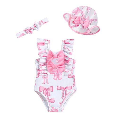 SODLON Baby Girl Swimsuit Infant One-Piece Bathing Suit Essentials 3M-3T | Toddler Girls Beach Essentials, Ruffle Bow Swimwear with Hat & Headband, Cute Summer UPF 50+ Swim Suit