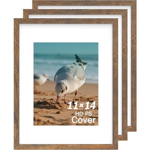 An&He 11x14 Picture Frame Set of 3, Brown Wood Grain Photo Frame for Wall Mounting or Tabletop Display
