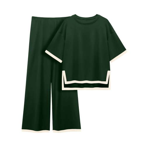 MINTREUS Women's Cotton 2-Piece Loungewear Short-Sleeve Round-Neck Pullover Top Wide-Leg Pants Women's PJ Casual Set S-4X