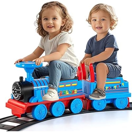 JOYLDIAS Ride On Train with 16pcs Curved Tracks and Carriage, 6V Electric Ride On Toy Train for Kids with Lights, Horns, Storage, Retractable Foot Pedals for Toddlers Under 39 inch, Blue