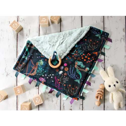 Mermaid Minky Baby Lovey: Personalized Security Blanket with Wood Ring and Ribbon