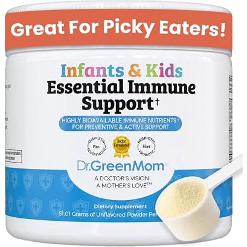 Dr. Green Mom Essential Immune Support for Kids — Powder Multivitamin with Probiotic, Zinc, Vitamin C, D3 & Quercetin — Sugar-Free, Mixes into Drinks — Kids, Toddlers & Infants — 90 servings — Non-GMO