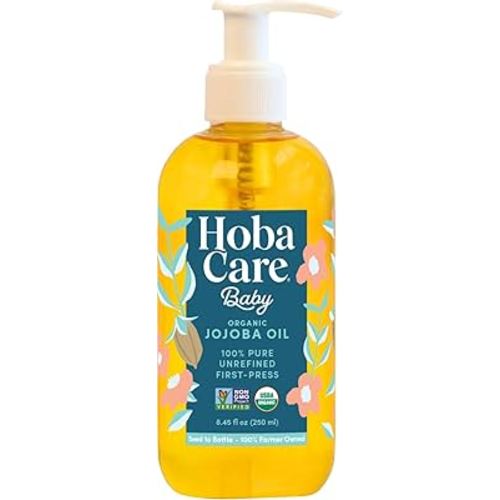 HobaCare Organic Jojoba Baby Oil with Pump Dispenser – 100% Pure Natural Unrefined Unscented Hexane Free Cold Pressed Jojoba Oil for Baby Hair, Infant Skin, Scalp Moisturizing (8.45 oz)